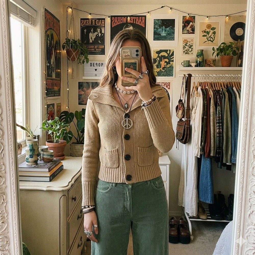 Aeropostale Tan Chunky Knit Shawl Collar Button Front Cardigan Sweater Women's M